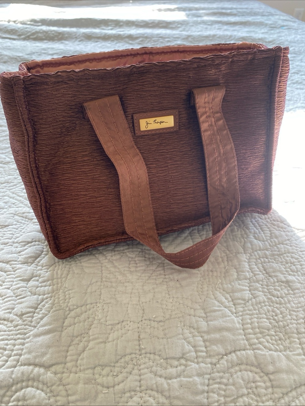 Jim Thompson Silk Mini Tote in Iridescent Rust Brown/ Deep Blush Pink Drawstring - Picture 3 of 16